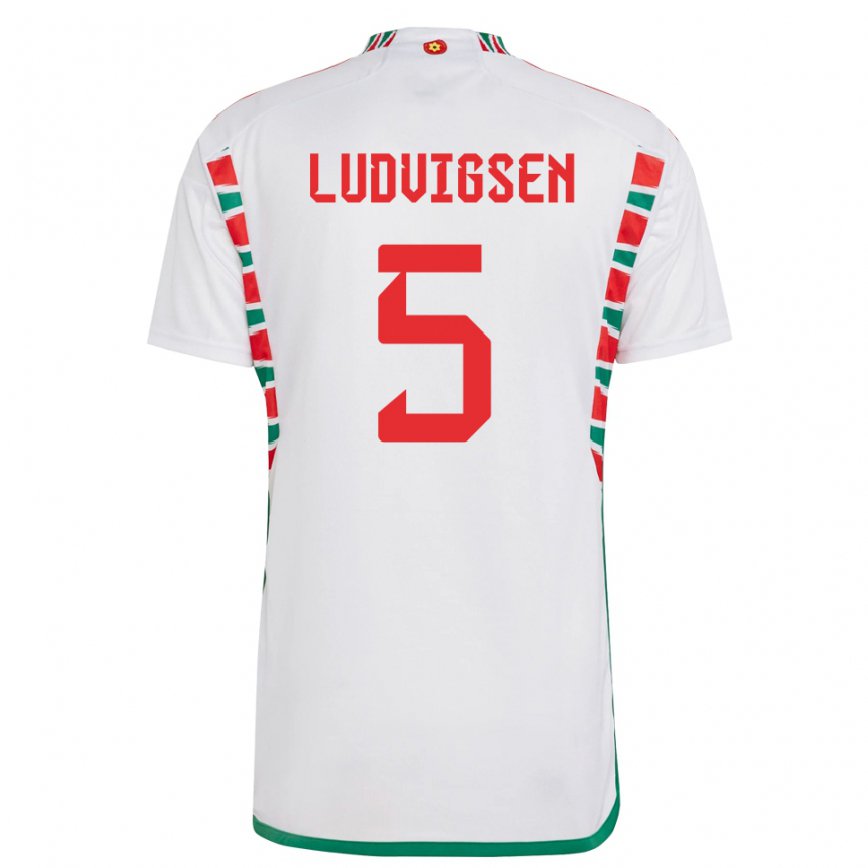 Men Wales Kai Ludvigsen #5 White Away Jersey 2022/23 T-shirt