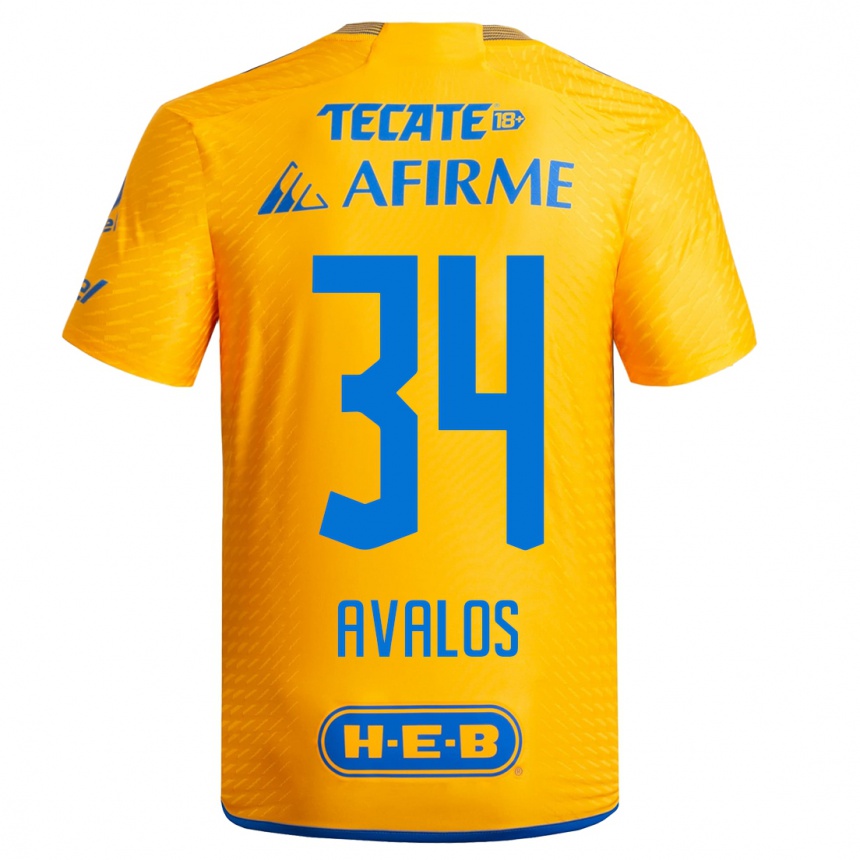 Men  Erick Avalos #34 Yellow Home Jersey 2023/24 T-Shirt