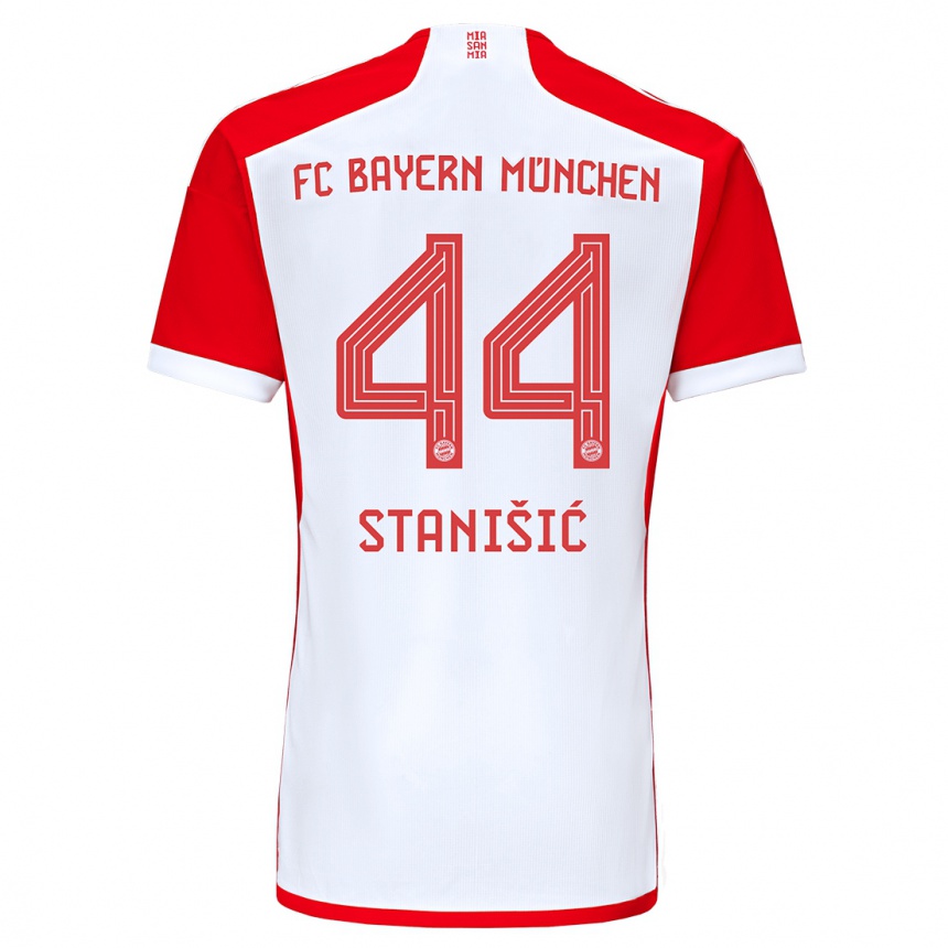 Women  Josip Stanisic #44 Red White Home Jersey 2023/24 T-Shirt