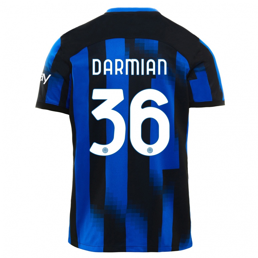 Women  Matteo Darmian #36 Black Blue Home Jersey 2023/24 T-Shirt